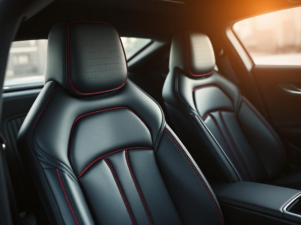 Rear leather cabin with dark grey leather and red stitching