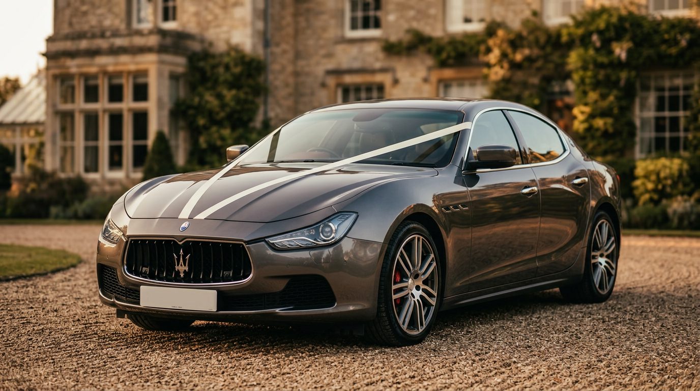 Grey Maserati Ghibli wedding car at a country house venue