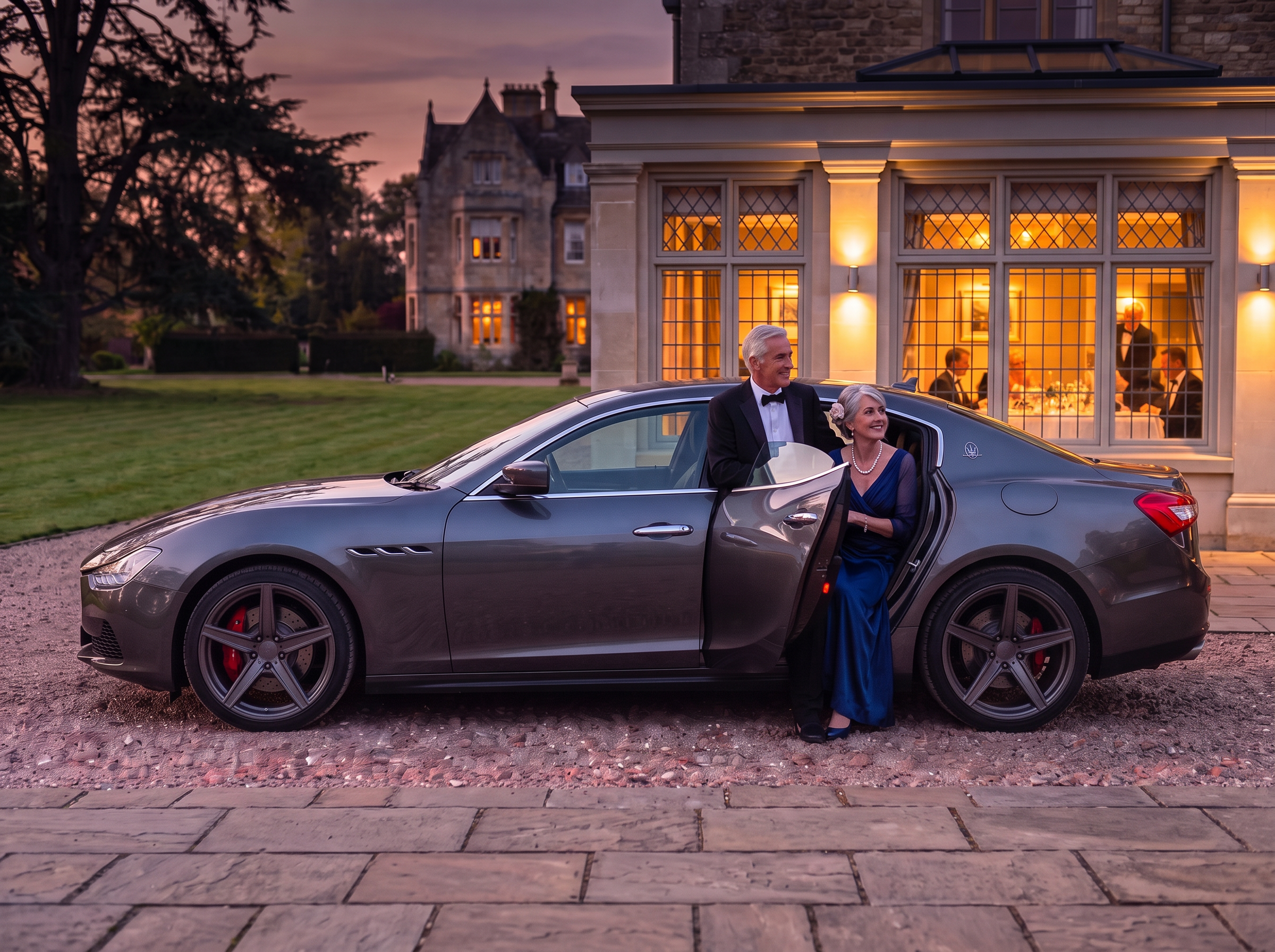 Chauffeur greeting a couple beside the Maserati at a country restaurant
