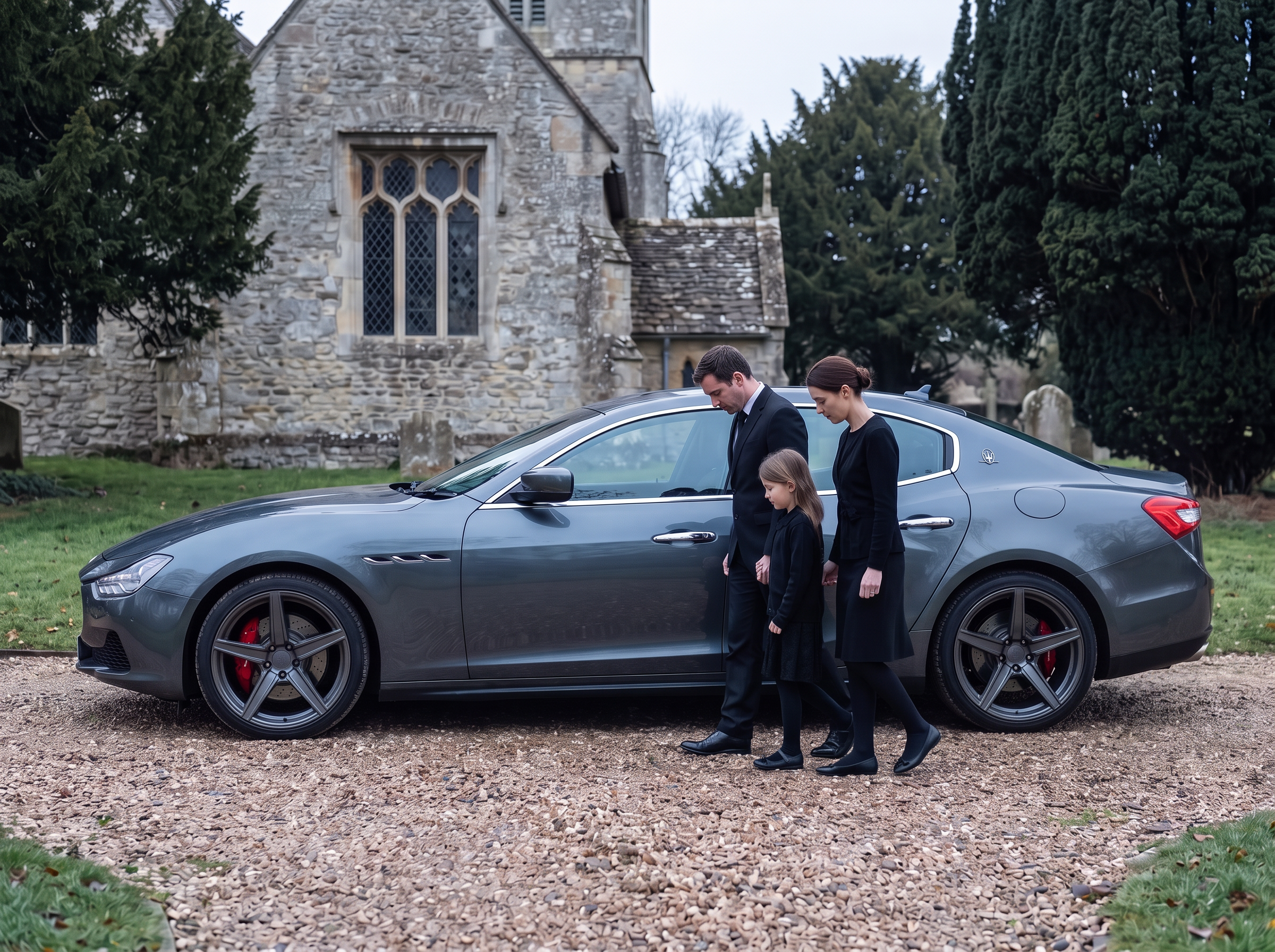 Family walking to the Maserati outside a village church