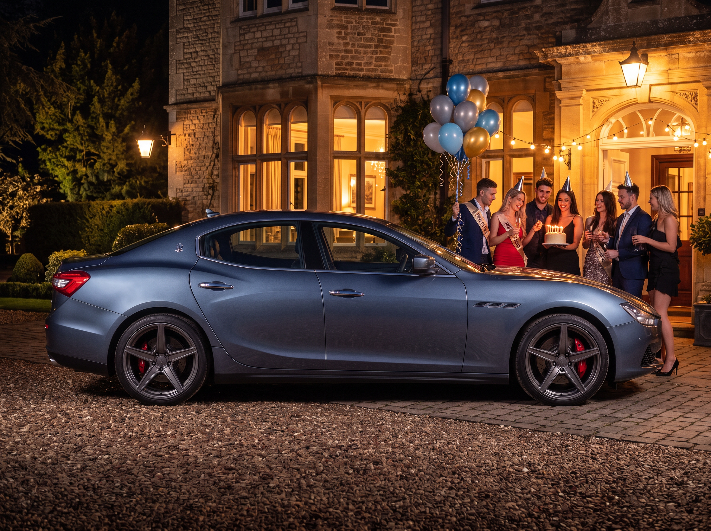Friends celebrating beside the Maserati