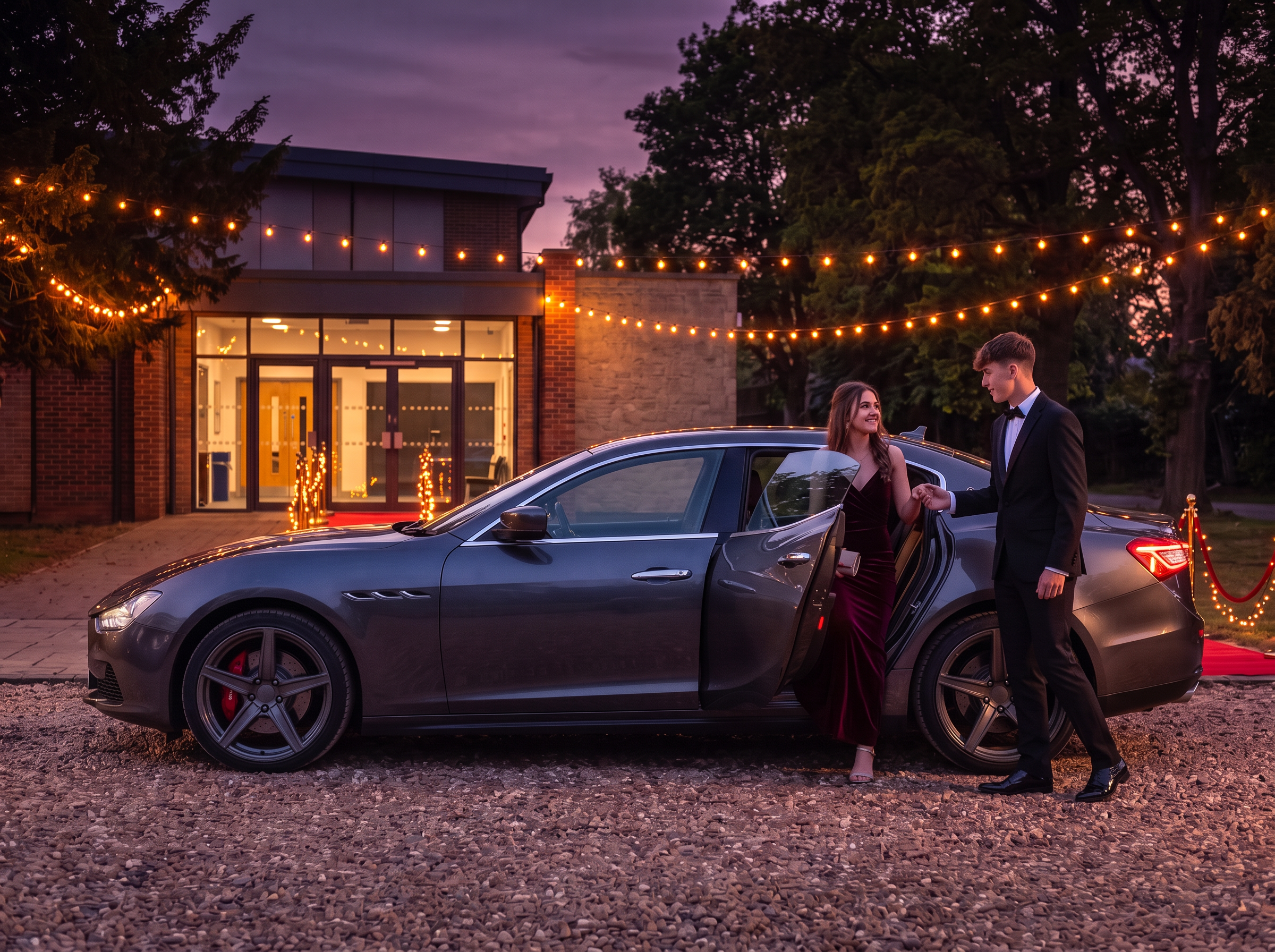 Prom couple beside the Maserati